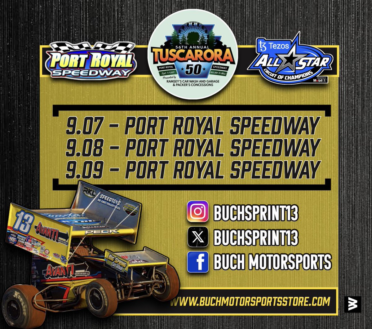 Buchsprint13's tweet photo. 𝐓𝐇𝐈𝐒 𝐖𝐄𝐄𝐊𝐄𝐍𝐃…

We’re heading to @PortRoyalSpdway with the @ASCoC for 𝘛𝘜𝘚𝘊𝘈𝘙𝘖𝘙𝘈 𝟱𝟬 weekend! 

𝗦𝗛𝗢𝗣 𝗡𝗢𝗪 ↓
https://t.co/ECQu2yYSFu https://t.co/A3qsdfbDge