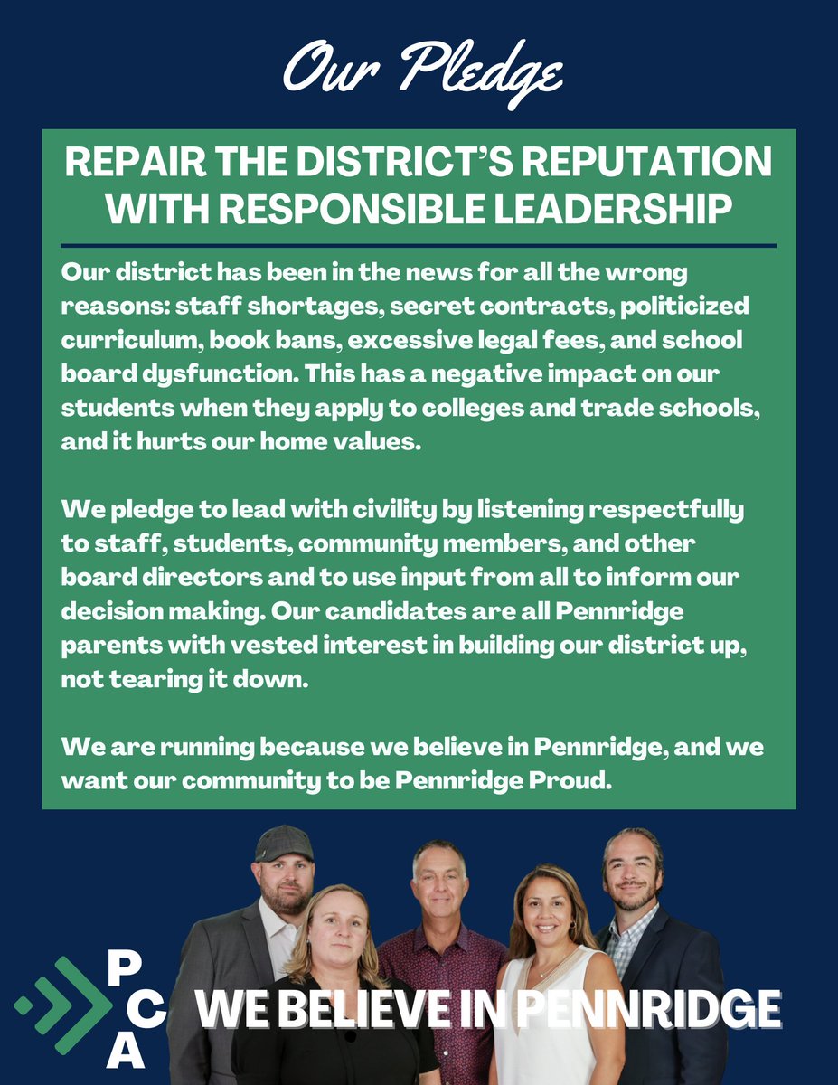 Over the next few days, we will be rolling out our Pledge to #Pennridge. This fall there is a lot at stake for the future of our district. Please follow us, and make a plan to Vote November 7th!

Our Pledge:
✅Repair the Districts Reputation with Responsible Leadership