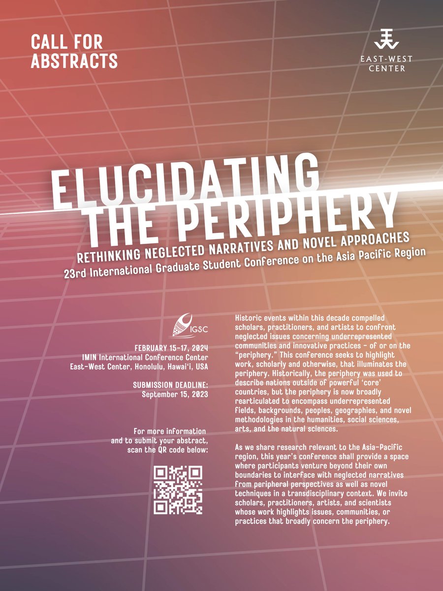 igsc_ewc's tweet photo. FINAL CALL to #igsc2024 abstract submission! Share your work TODAY!  The 23rd Annual International Graduate Student Conference is taking place in Honolulu, Hawai‘i, Feb. 15-17, 2024, with the theme "Elucidating the Periphery." Visit https://t.co/5S8AKAawsk https://t.co/jVyD2y3iLL