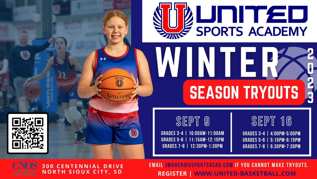 REMINDER!🏀
<a href="/unitedgirlsbb/">United Sports Academy Girls Basketball</a> Winter Season Tryouts are this Saturday! Get registered using the link below:
scjtix.com/events/united-…