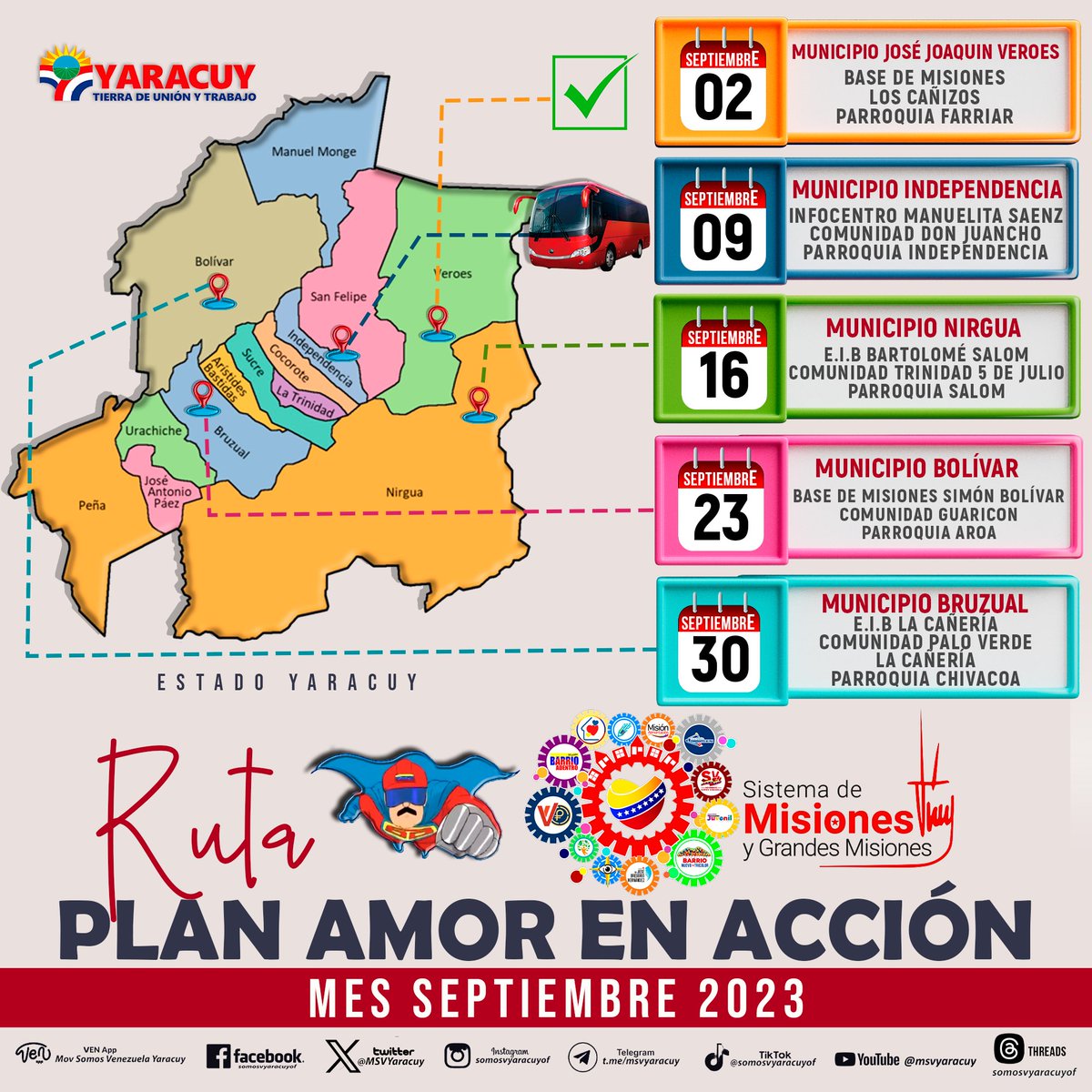 #ProtecciónSocial
Sábado 09 de Septiembre, Jornada PLAN AMOR EN ACCIÓN desde el INFOCENTRO MANUELITA SAENZ SECTOR DON JUANCHO Parroquia Independencia Municipio Independencia.
#EmprendeEnVenezuela
<a href="/NicolasMaduro/">Nicolás Maduro</a>
<a href="/MervinMaldonad0/">Mervin Maldonado</a>
<a href="/jhoagaby/">Jhoanna G Carrillo M</a>
<a href="/MSVEnLinea/">Somos Venezuela | MSVEnLinea</a>
<a href="/JLEONYARA/">JULIO LEÓN</a>
<a href="/JoseMAlcalde/">Jose Jhonatan Mujica</a>