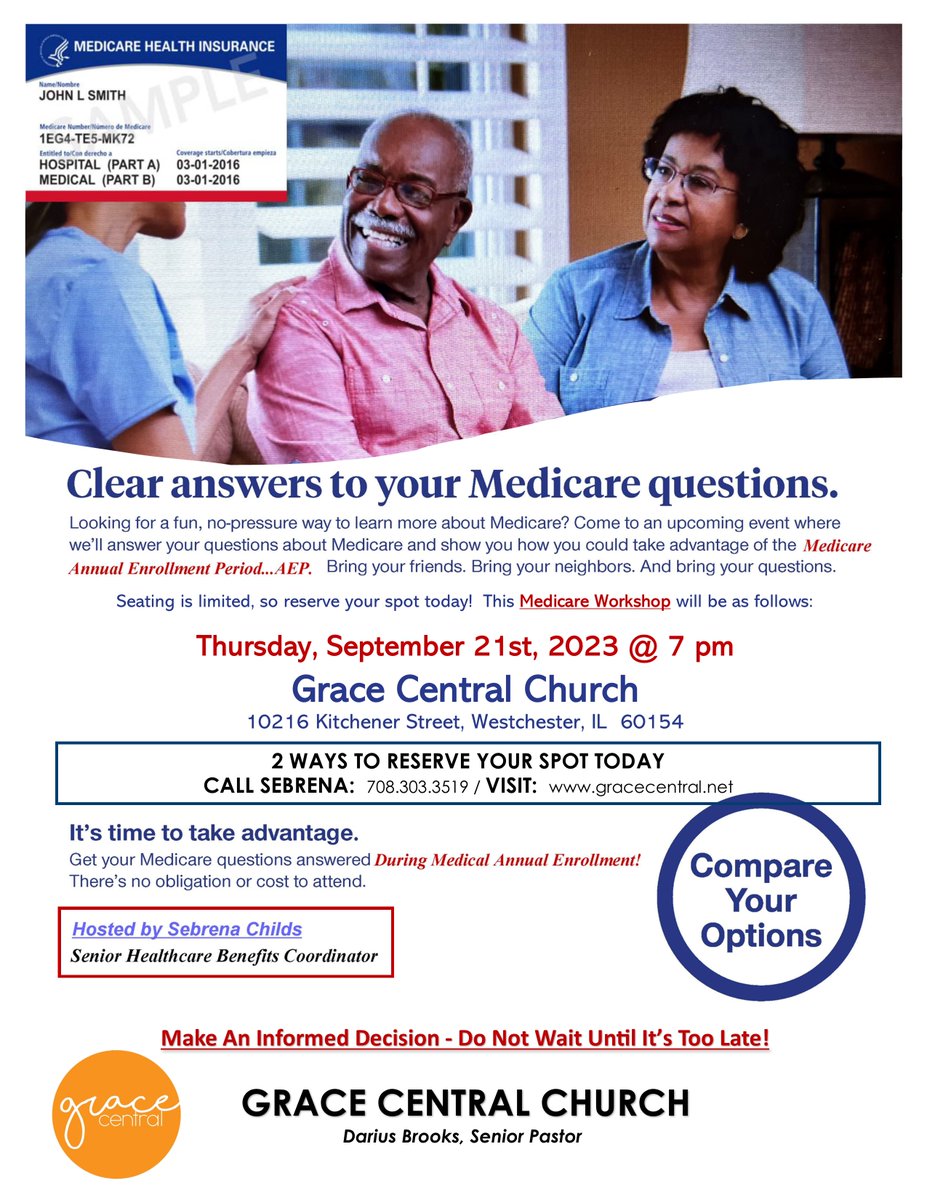 Come get your questions answered!

Reserve your seat by texting Sebrena at 708-303-3519

If you or someone you know have questions about Medicare and what they can do to make sure that are getting all the benefits that they are entitled to.
It is open to everyone! Register today!