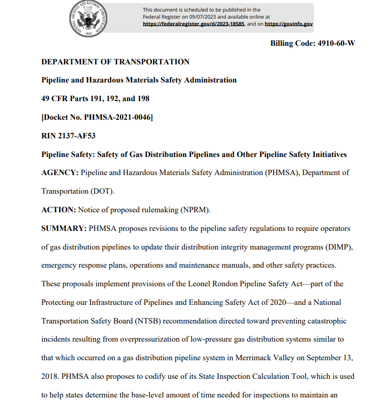 StateImpactCntr's tweet photo. .@PHMSA_DOT proposes pipeline safety reg changes to have gas distribution pipeline operators update safety practices, like distribution integrity management programs & emergency response plans. Comments due 11/6, after published 9/7. #StateImpactAlert. https://t.co/MUf08HXABW https://t.co/Zb6NDoRIaa
