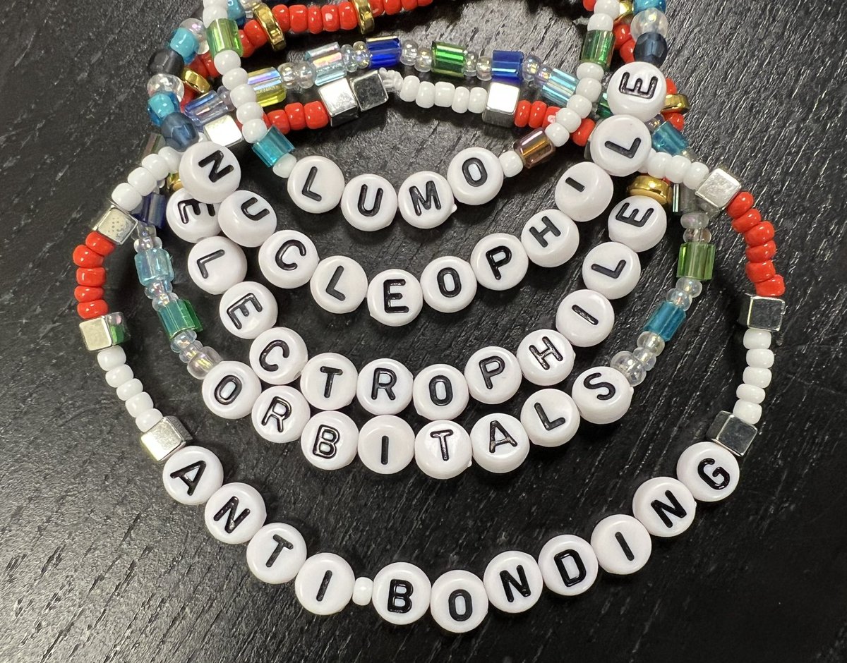 I gave out “organic chemistry friendship bracelets” (ORGO, ACID, BASE) today to students who volunteered to solve problems on the board in class. Day 1 of this experiment was wildly successful. I had students already volunteering to answer questions in future classes.