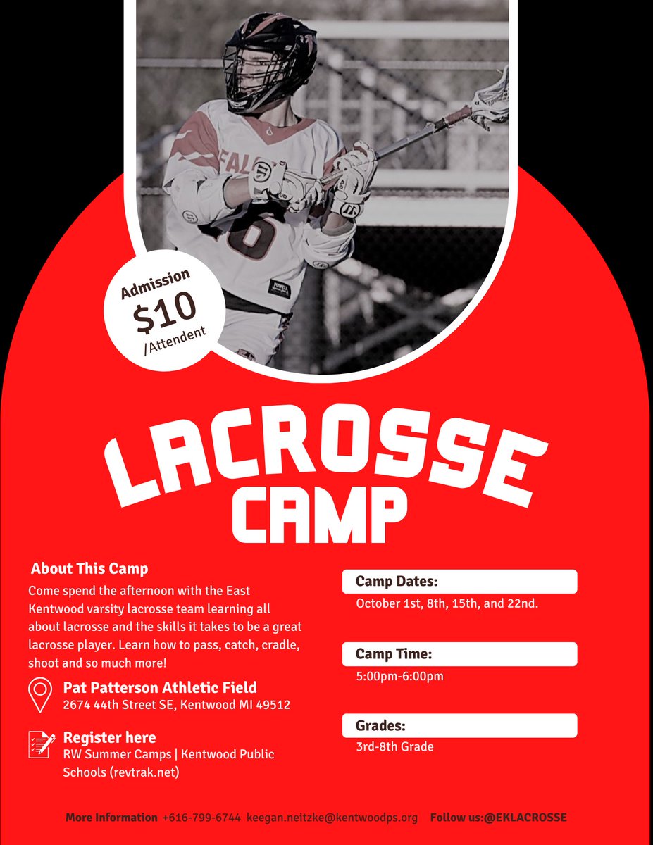 EK_Lacrosse's tweet photo. East Kentwood Lacrosse is excited to announce time and dates for our next youth lacrosse camp for 3rd-8th graders. 
Sundays start on 10/1-10/22
5:00-6:00pm at Pat Patterson Athletic Field. https://t.co/TXMxFMj1XB