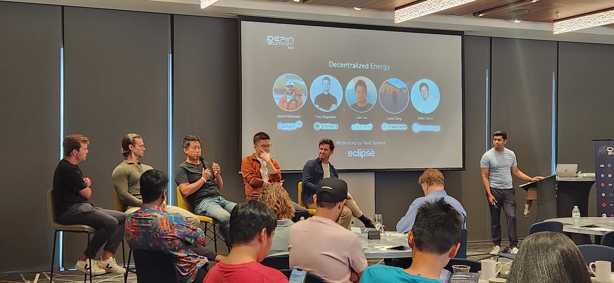 Eclipse (๐ฎ,๐) (@eclipsefnd) on Twitter photo Our team also attended this year's DePIN Summit.
Eclipse projects @go_daylight and <a href="/PluralEnergy/">Plural Energy</a> were on the panel to discuss Decentralized Energy, moderated by <a href="/neelsalami/">Neel Somani</a>. It was great coming together with the huge community of DePIN founders and infrastructure investors. Our team also attended this year's DePIN Summit.
Eclipse projects @go_daylight and <a href="/PluralEnergy/">Plural Energy</a> were on the panel to discuss Decentralized Energy, moderated by <a href="/neelsalami/">Neel Somani</a>. It was great coming together with the huge community of DePIN founders and infrastructure investors.