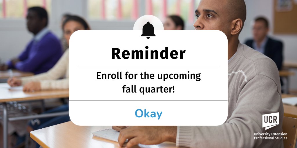 UCRExtension's tweet image. Ready for your next adventure? New classes, new friends, and new opportunities. Fall quarter is right around the corner. What are you waiting for? Find your course and enroll now.
ow.ly/erYw50PFcWg
.
.
#FallQuarter #Enroll #UCRExtension