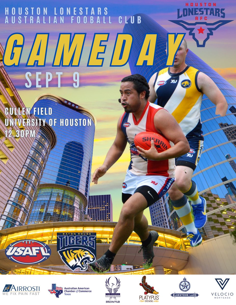 G A M E D A Y in the H this Saturday and last <a href="/USAFL1997/">USAFL</a> home game of the year! 
📍🐾 Uni of Houston, Cullen Intramural Fields, 4149 Elgin St.
11.00 - Womens Game with <a href="/austincrows/">austincrows</a> <a href="/ntxdevils/">NTXDevils</a> 
11.30am - Junior Clinic (All ages)
12.30pm - Lonestars Men vs <a href="/BRFooty/">Baton Rouge Tigers</a>