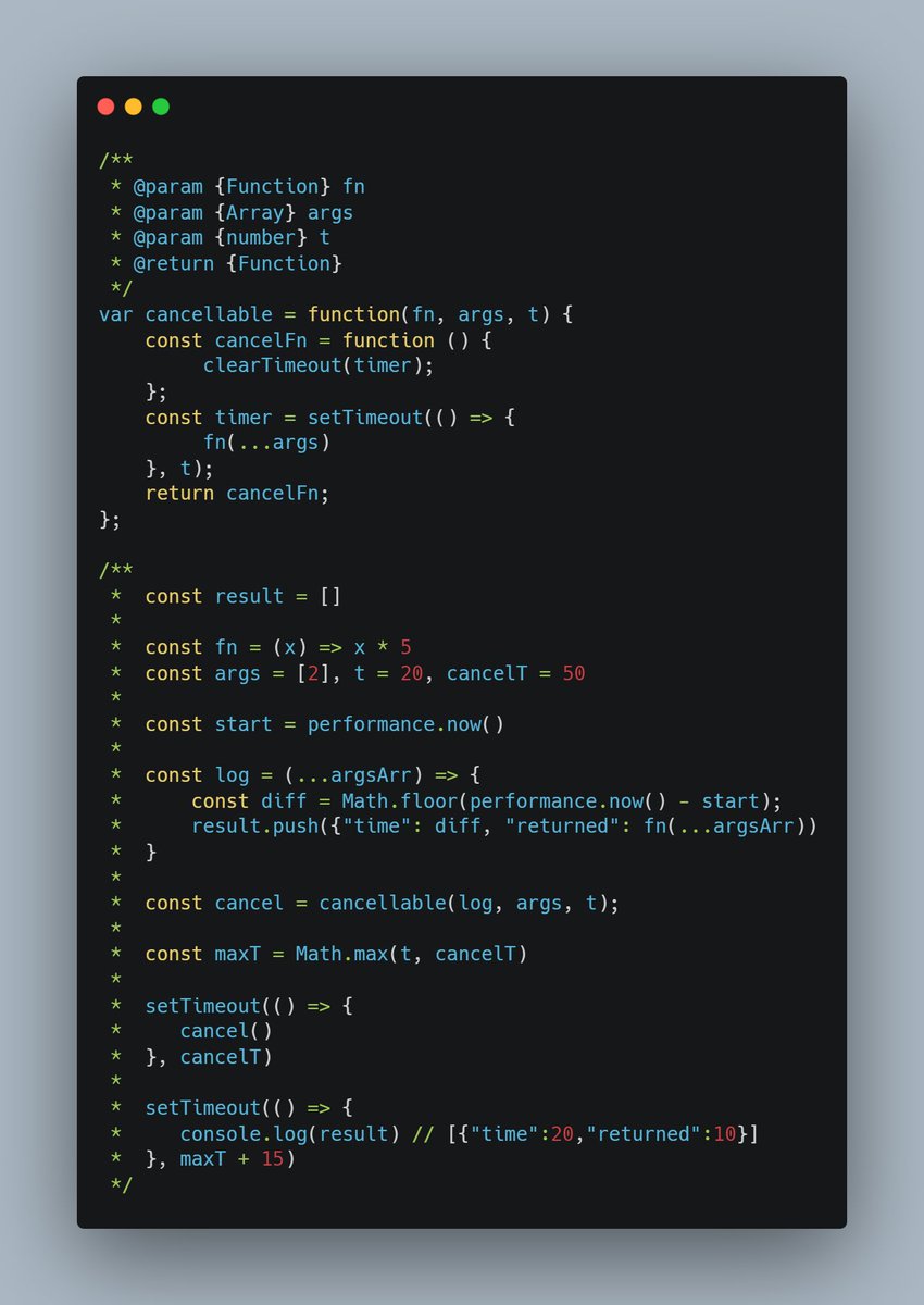 The first function, cancellable(), takes three arguments: a function, an array of arguments, and a timeout in milliseconds.
#AlgorithmSeptember #WebDevelopment #JavaScript #Algorithms #Careerwise #AlgoSept
@RebaseAcademy
#30daysAlgo