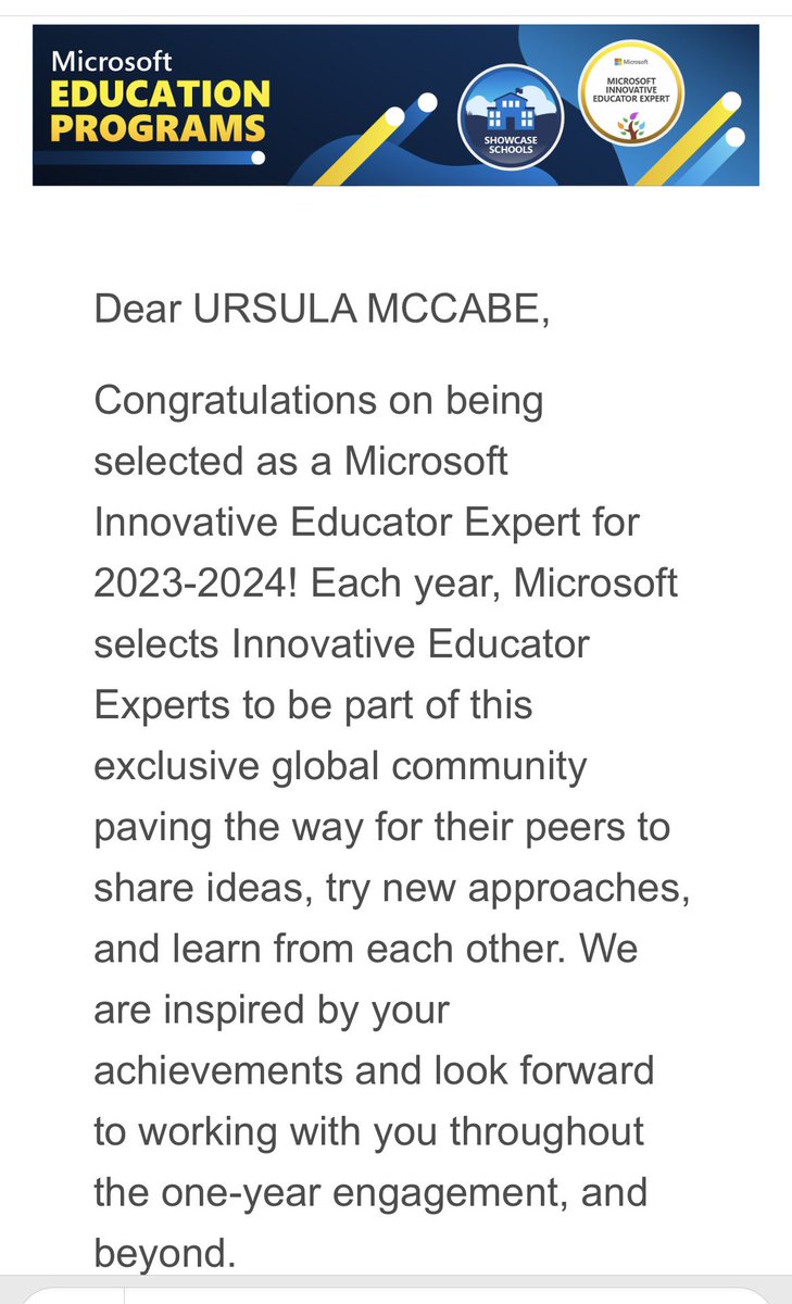 So excited to be selected as an MIE Expert for 2023-2024! Delighted to be part of a great group of teachers in @OldBawnCS who are constantly upskilling to provide the best for our students! Thank you @LBurke__ and @SarahGibbons33 for your support! #MicrosoftEdu #MIEExpert. 😊