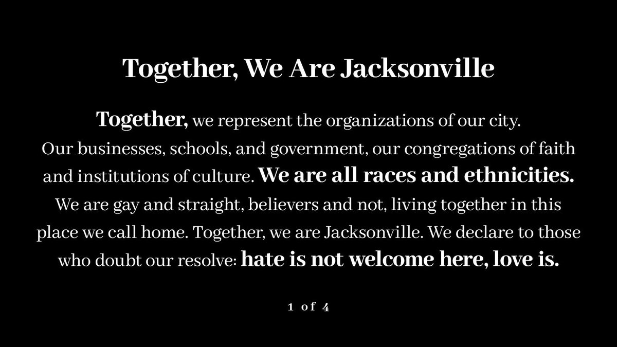 MayorDeegan's tweet photo. We are extraordinarily grateful to this group for rallying in support of this important statement if solidarity. The Together Strong Community Fund has also joined the First Coast Relief Fund to partner in the response to the racially motivated shooting in our community on August 26. You can learn more about the work of the FCRF and join us in support of the fund here: https://t.co/9DC8ssYHjV.