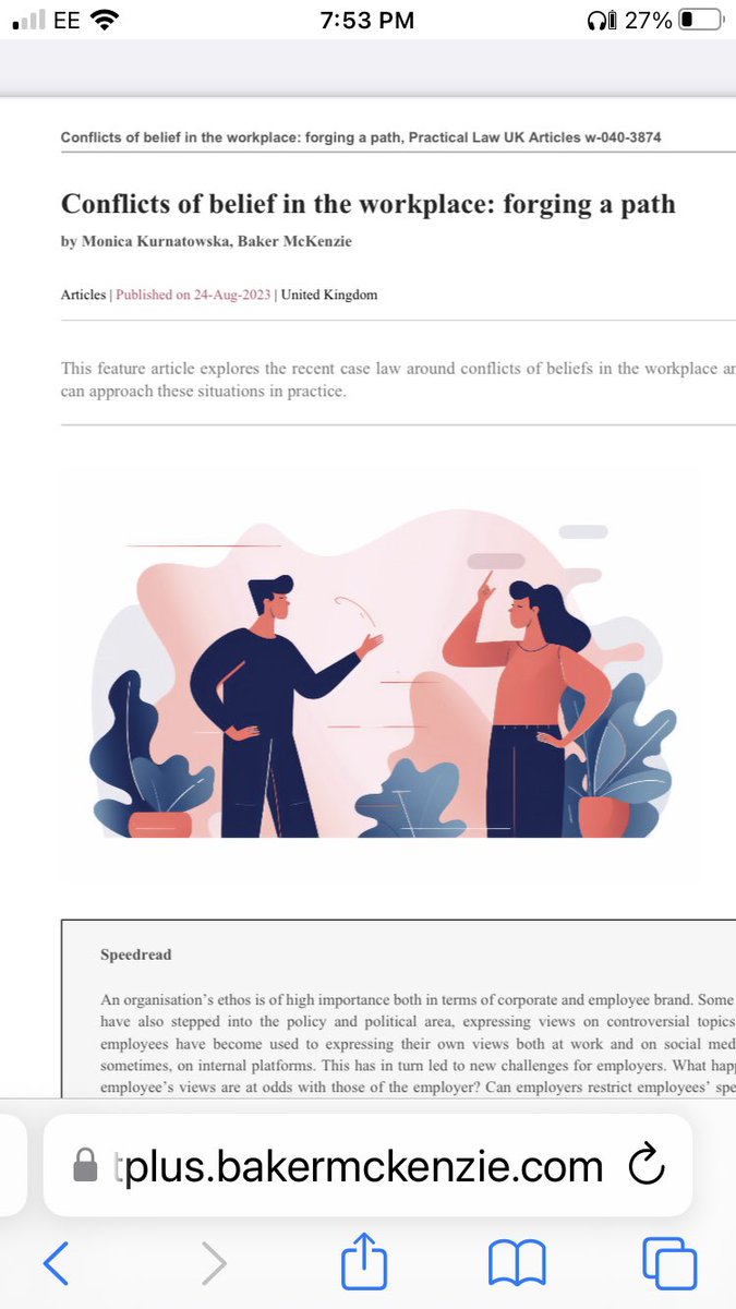 AudreySuffolk's tweet image. For those #ukemplaw with access to Sept 23 edition of Practical Law Magazine there is an excellent article by emp lawyer Monica Kurntowska advising employers on how to deal with conflicts of beliefs in the workplace