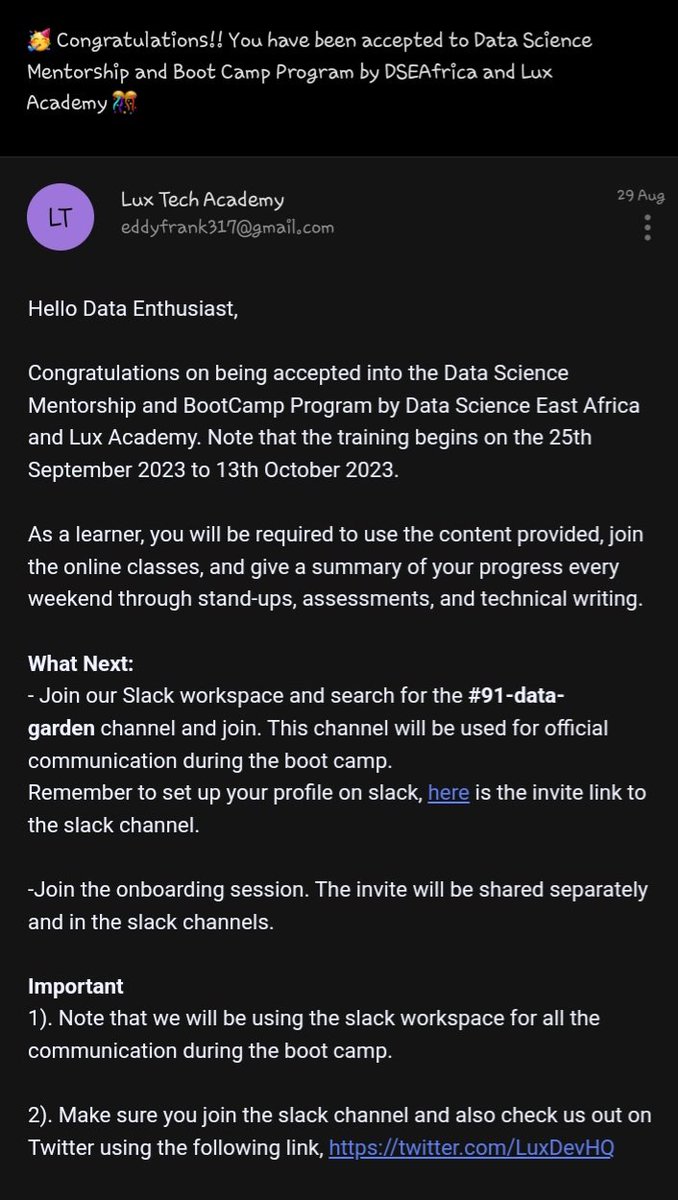 eddyfrank317's tweet photo. I'm glad and super excited to be accepted into the #DataScienceMentorship and Bootcamp program by Lux Tech Academy. I look forward to learning, building, and connecting with like-minded #Data Enthusiasts.# the future is remote
@DSEAfrica
@lux_academy
@LuxDevHQ https://t.co/MpwNvkAv55