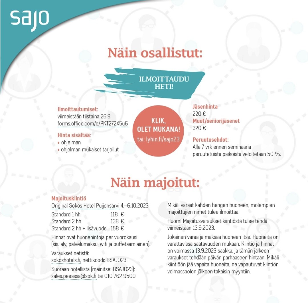 #Ammatillinenkoulutus #johtaja #rehtori #esimies ja #johtava #asiantuntija. 

On aika ilmoittautua <a href="/SAJO_ry/">Ammattikoulutuksen Johtajat SAJO ry</a> vuosittaiseen syysseminaariin. Ajankohtaisia teemoja ja verkostoitumista jäsenille ja ei-jäsenille
<a href="/Sakkyfi/">Savon ammattiopisto Sakky</a> <a href="/Kuopionkaupunki/">Kuopion kaupunki</a>

Ilmoittautumislinkki: lyhin.fi/sajo23