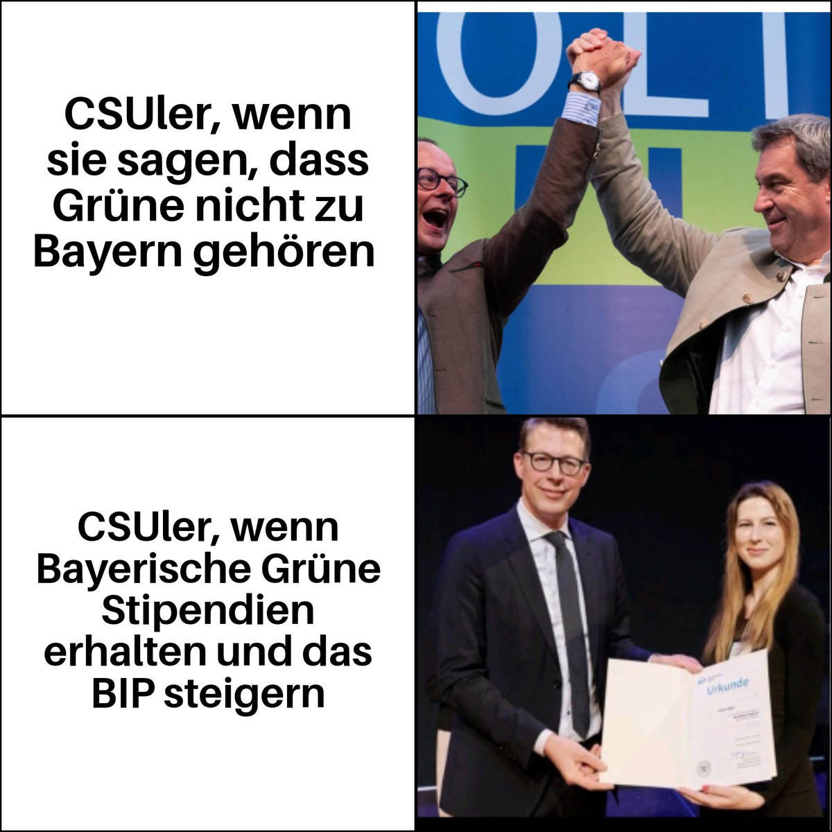 Die Grünen passen mit ihrem Weltbild nicht zu Bayern, @Markus_Soeder? @MarkusBlume hat im Dez. den Absolvent:innen (nur für Sie gegendert 😊) der bay. Elitestudiengänge & des Max Weber Programms die Urkunden verliehen, u.a. mir. Seit 10 Jahren bin ich grün. 🧵#Gruene #ltwby #CSU