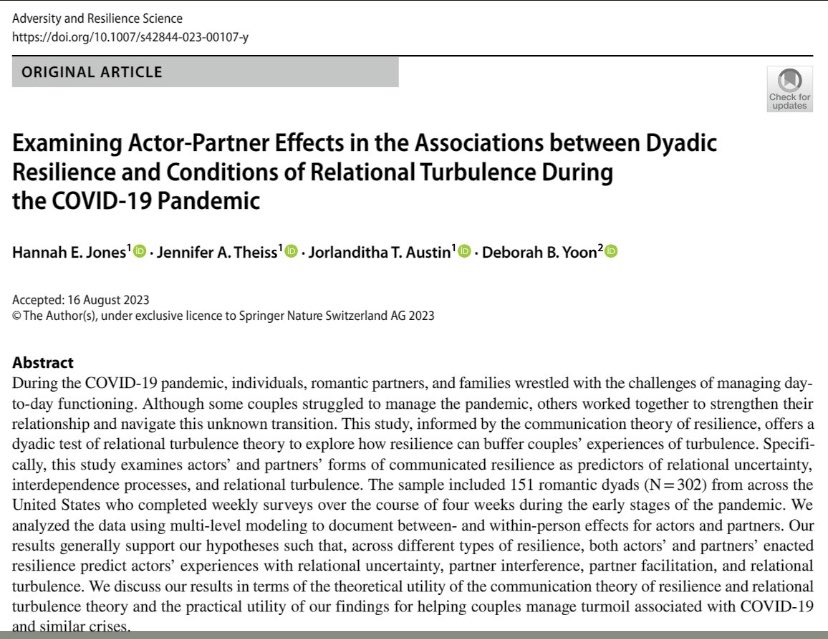New pub by my team in Adversity &amp; Resilience Science examines actor &amp; partner effects of dyadic resilience processes on the experience of relational turbulence during the COVID-19 pandemic, with @HElizabeth44, <a href="/Jorlanditha/">Jorlanditha Austin</a>, <a href="/DeborahBYoon/">Dr. Deborah B. Yoon, PhD</a>. Check it out: rdcu.be/dkY7f