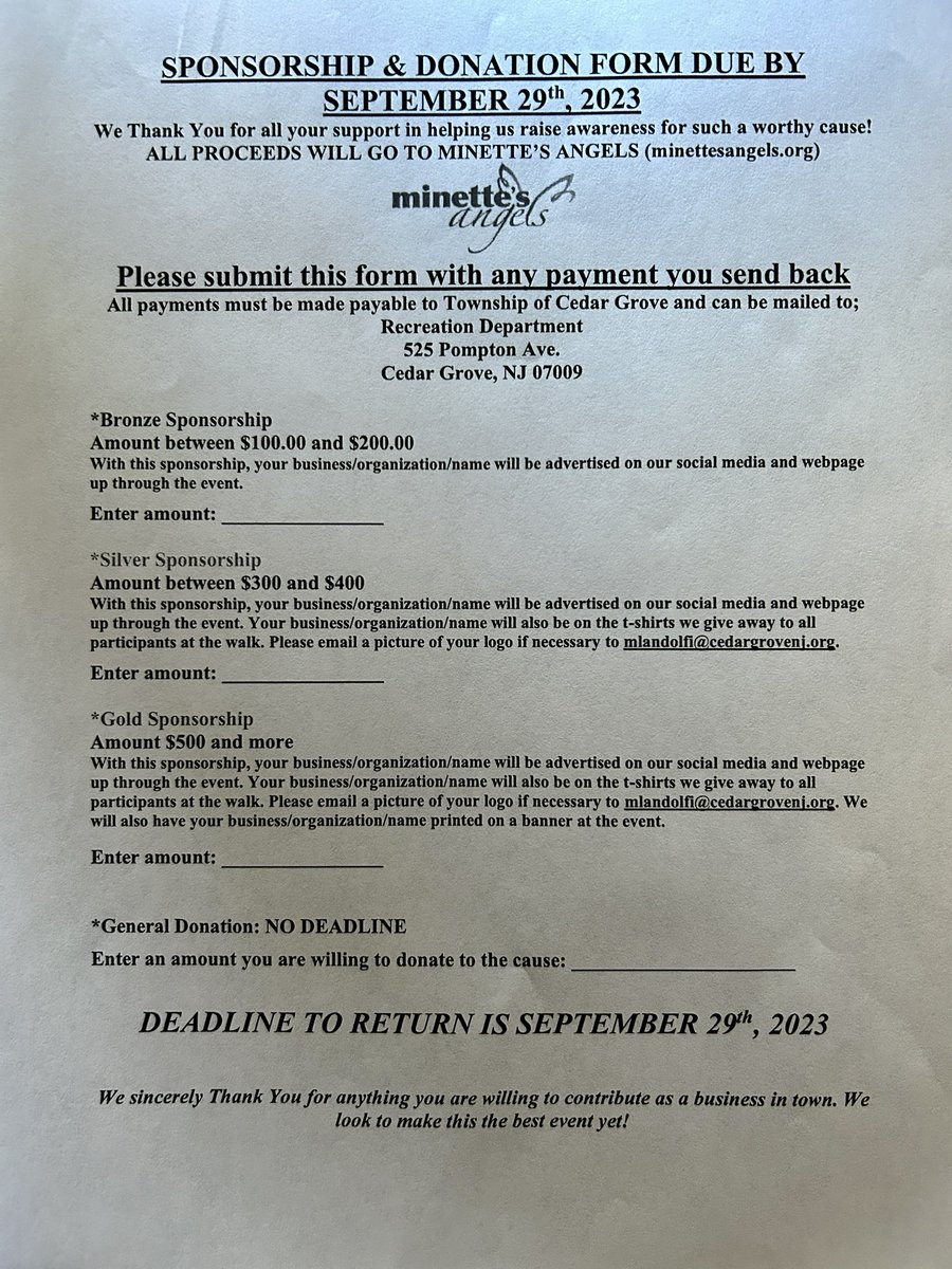 MinettesAngels's tweet image. REAL PANTHERS WEAR PINK WALK SPONSORSHIPS AVAILABLE NOW! BENEFITS MINETTE'S ANGELS FOUNDATION. Call Recreation Dept today 973-239-1410×220
#cedargrove
#minettesangelsfoundation
#breastcancerawareness
#sponsorship
#mammogramssavelives
#CedarGroveRec