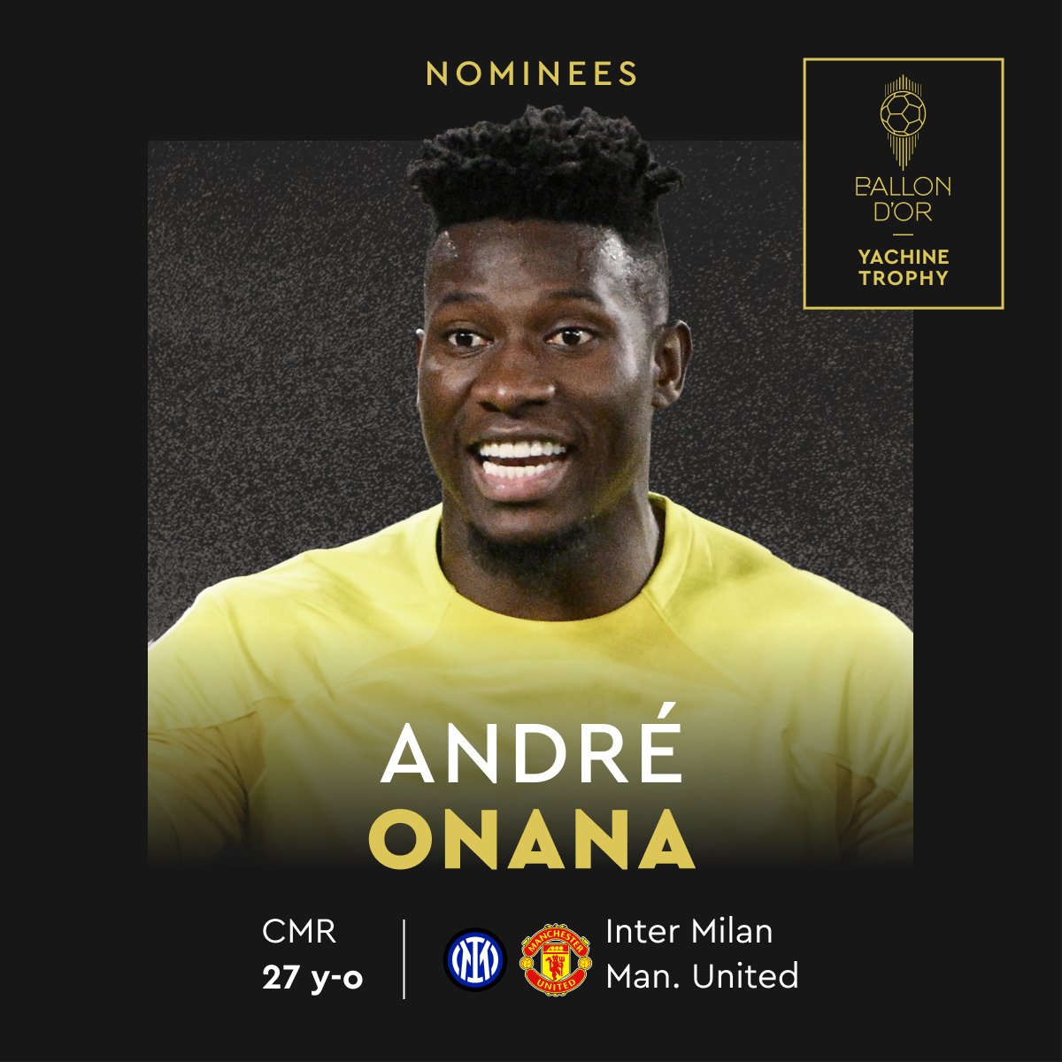 La dernière fois qu'un Camerounais🇨🇲 a été nominé au Ballon d'or, c'était Samuel Etoo en 2011.

Andre Onana est un joueur stratospherique et fantasque et le fait qu'il figure parmi les 30 meilleurs joueurs du monde témoigne de son talent.

Les Camerounais peuvent en être fiers.
