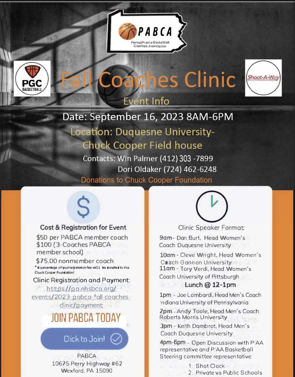 PA Basketball Coaches Association (@pabca3) on Twitter photo We are back at it again! Pennsylvania Basketball Coaches Association is hosting a Coaching Clinic. Hereās our link to sign up: pa.nhsbca.org/events/2023-paā¦
<a href="/mwhiteburgh/">Mike White</a> We are back at it again! Pennsylvania Basketball Coaches Association is hosting a Coaching Clinic. Hereās our link to sign up: pa.nhsbca.org/events/2023-paā¦
<a href="/mwhiteburgh/">Mike White</a>
