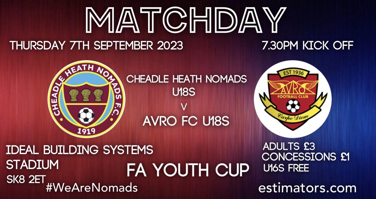 It’s Thursday night football this week as our u18s are in FA Youth Cup action against visiting @AvroFC and with another nice evening in prospect why not pop down and give our youngsters your support #WeAreNomads