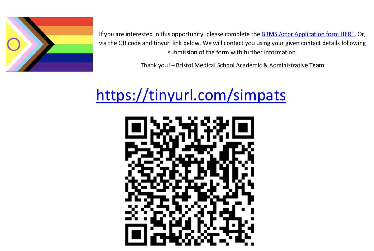 At Bristol Medical School we want to improving authentic representation of trans inclusive healthcare in teaching
 
We are now recruiting trans and non-binary people to act as simulated patients with students 
 
🏳️‍⚧️ Read below, and submit your details via tinyurl.com/simpats