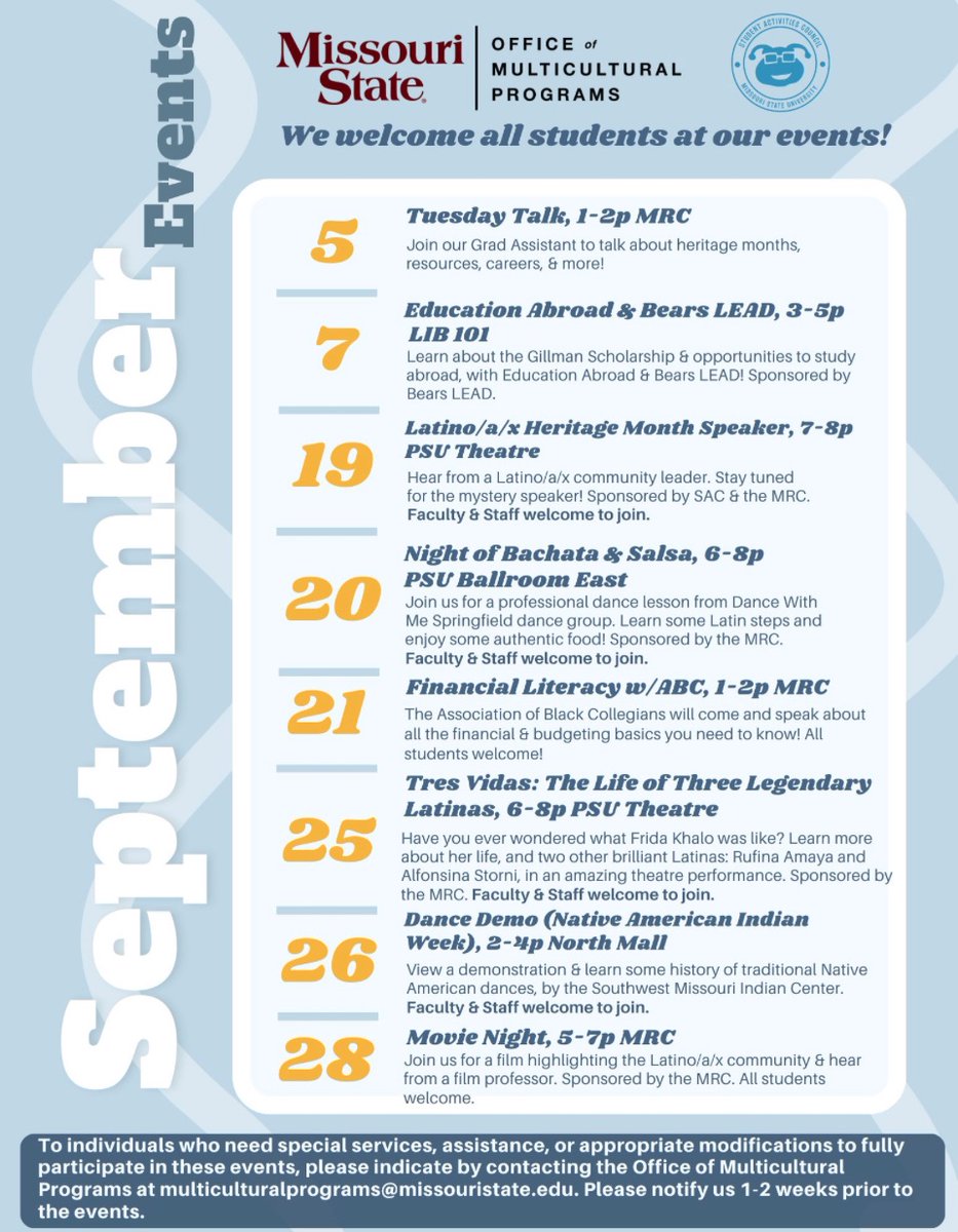 Make it a September to remember 🍂! Join us throughout the month as we host a series of events to celebrate Latino/a/x heritage month! 

All students are welcome 🐻, we hope to see you there!

#bearup #msu