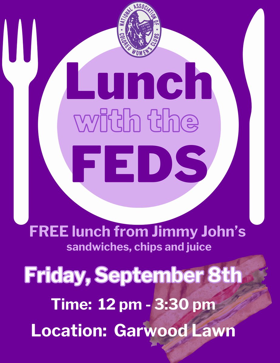 Come eat lunch for FREE this Friday at Garwood Hall Lawn with the FEDS!

Completely free of cost lunch includes: Jimmy John’s sandwich, chips and juice. Meet you there!🫶🏾