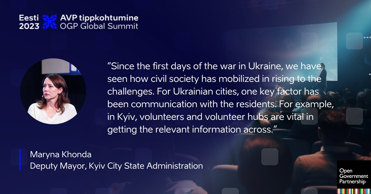 🗨️ In discussing the role of open government for Ukraine’s democratic resilience and reconstruction, Deputy Mayor of the Kyiv City State Administration, Maryna Khonda, underlined the importance of civil society and volunteers.
#OGPEstonia #OGPSummit #opengov