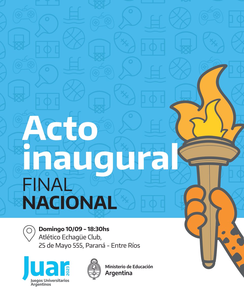 ¡Te esperamos para disfrutar del Acto de Apertura de la Final Nacional de los #JUAR2023 !
📷¿Cúando? Domingo 10/09 a las 18.30hs
📷¿Dónde? Atlético Echagüe Club - 25 de Mayo 555 - Paraná - Entre Ríos