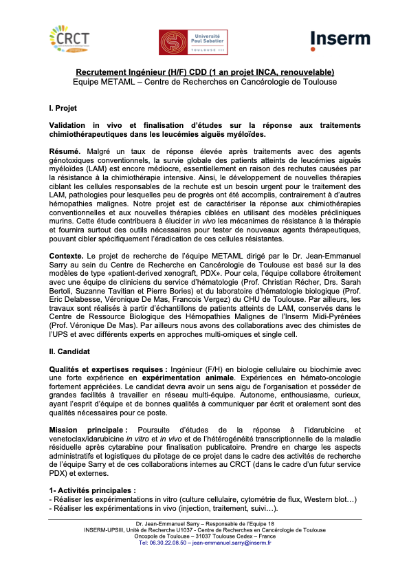 jeansarry's tweet photo. New research assistant (IE, Inserm) in our lab to support projects about novel mechanisms of resistance to idarubicin and ecological heterogeneity of relapse-initiating cell population in acute myeloid leukemia https://t.co/OhFr9wKYJP
