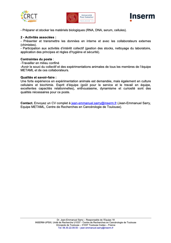 jeansarry's tweet photo. New research assistant (IE, Inserm) in our lab to support projects about novel mechanisms of resistance to idarubicin and ecological heterogeneity of relapse-initiating cell population in acute myeloid leukemia https://t.co/OhFr9wKYJP