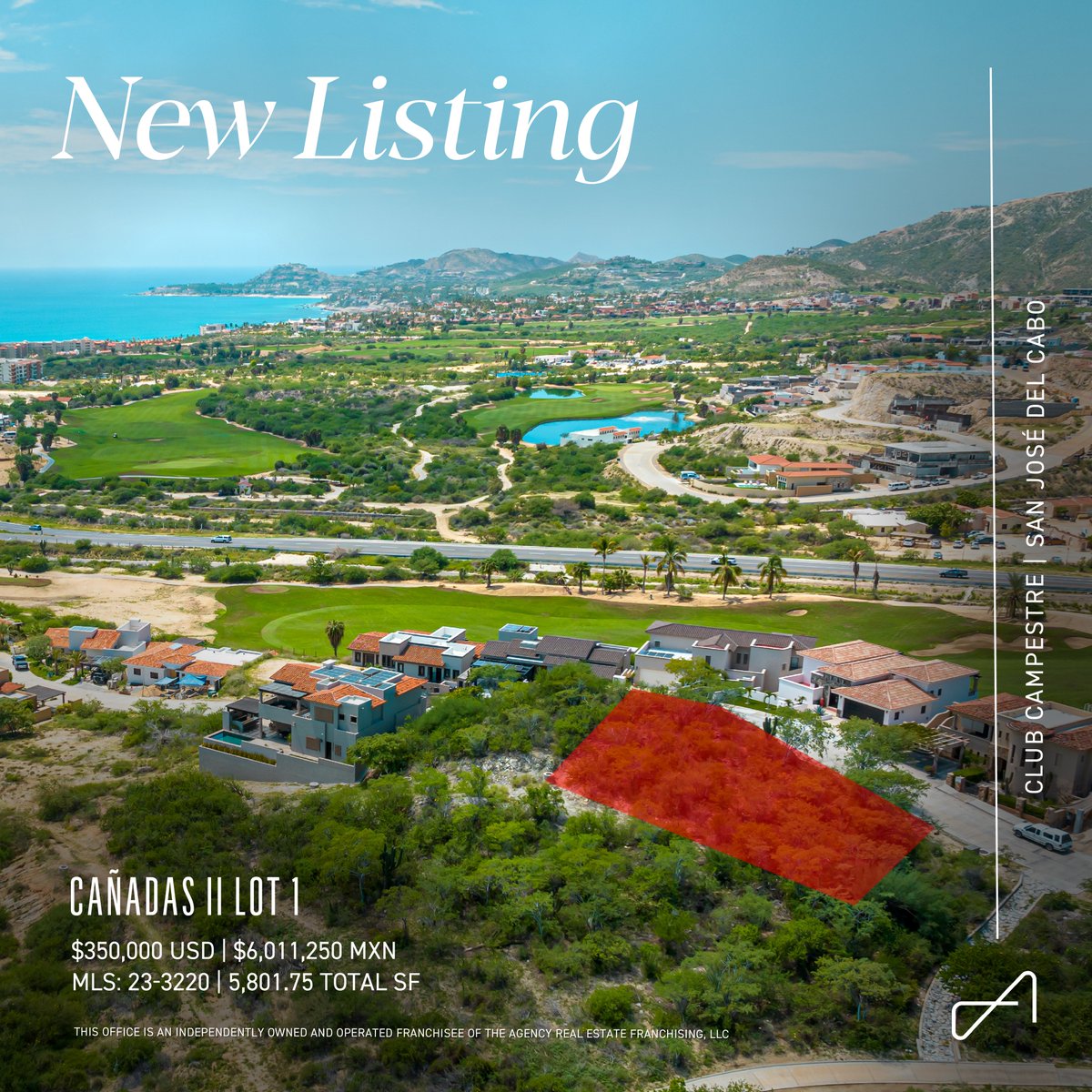 TheAgencyBaja's tweet photo. NEW LISTING

CAÑADAS II LOT 1 – CLUB CAMPESTRE – SAN JOSE
Offered at $350,000 USD | $6,072,220 MXN
5,801.75 TOTAL SF | MLS: 23-3220

Listed by Janet Jensen

Canadas II - Lot 1 is centrally located within Club Campestre San Jose, a low density 500-acre neighborhood This home site is 539 square meters (5801 square feet) and sits above the sixth golf-hole with ocean views to Palmilla and sunsets to the west.

Learn more about this property: https://t.co/75pJ6WBu4z

#TheAgency #TheAgencyre #TheAgencyLosCabos