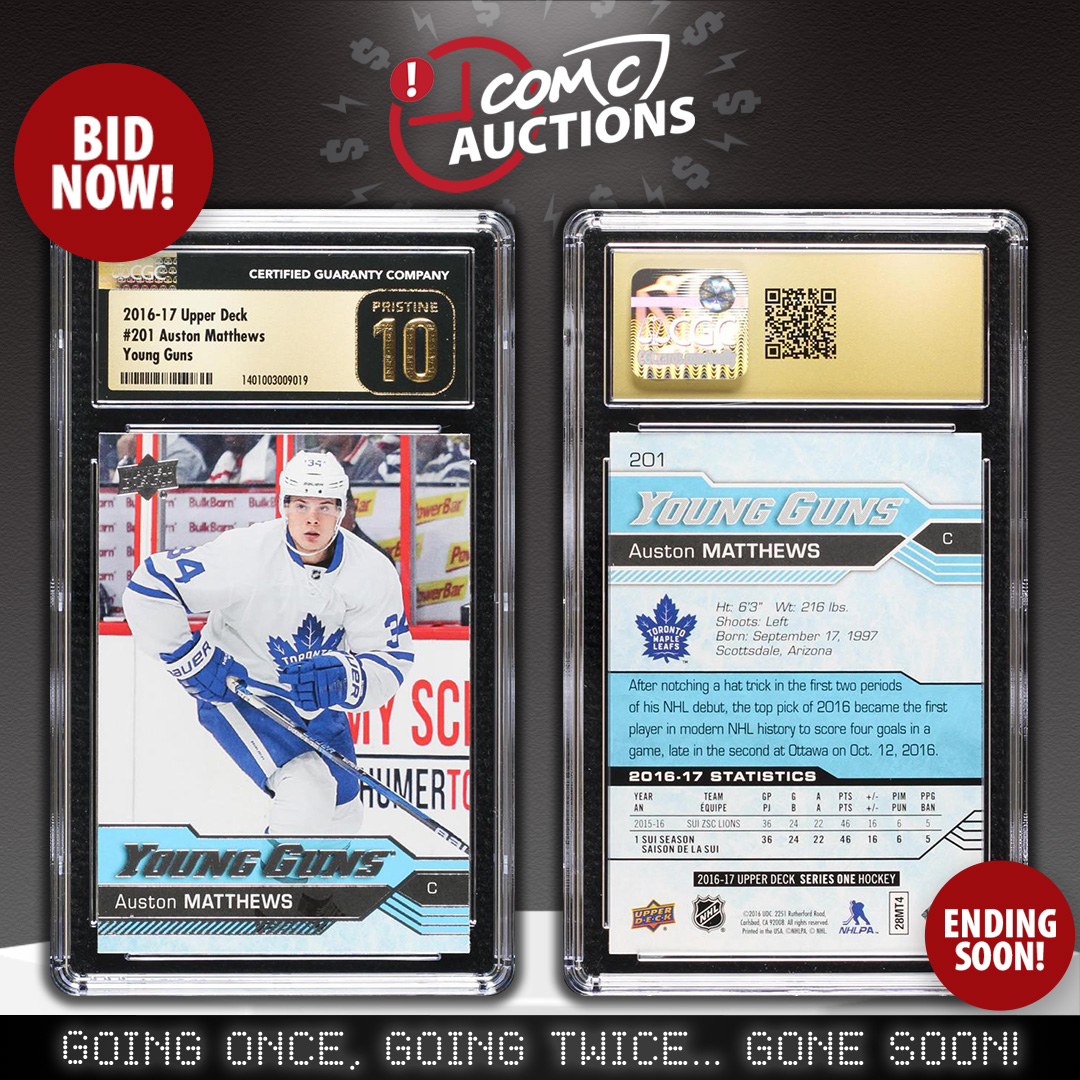 CheckOutMyCards's tweet photo. 🚨 Calling all @MapleLeafs fans! 🏒🍁 You don't want to miss out on this 2016-17 Upper Deck Young Guns RC of Auston Matthews graded @CGCcards 10 Pristine! 😍

Bid now, this card ends on Friday! https://t.co/ySIgKg3EDS

#COMCAuctions #CGC #TorontoMapleLeafs #AustonMatthews https://t.co/ABT0YpxmZR