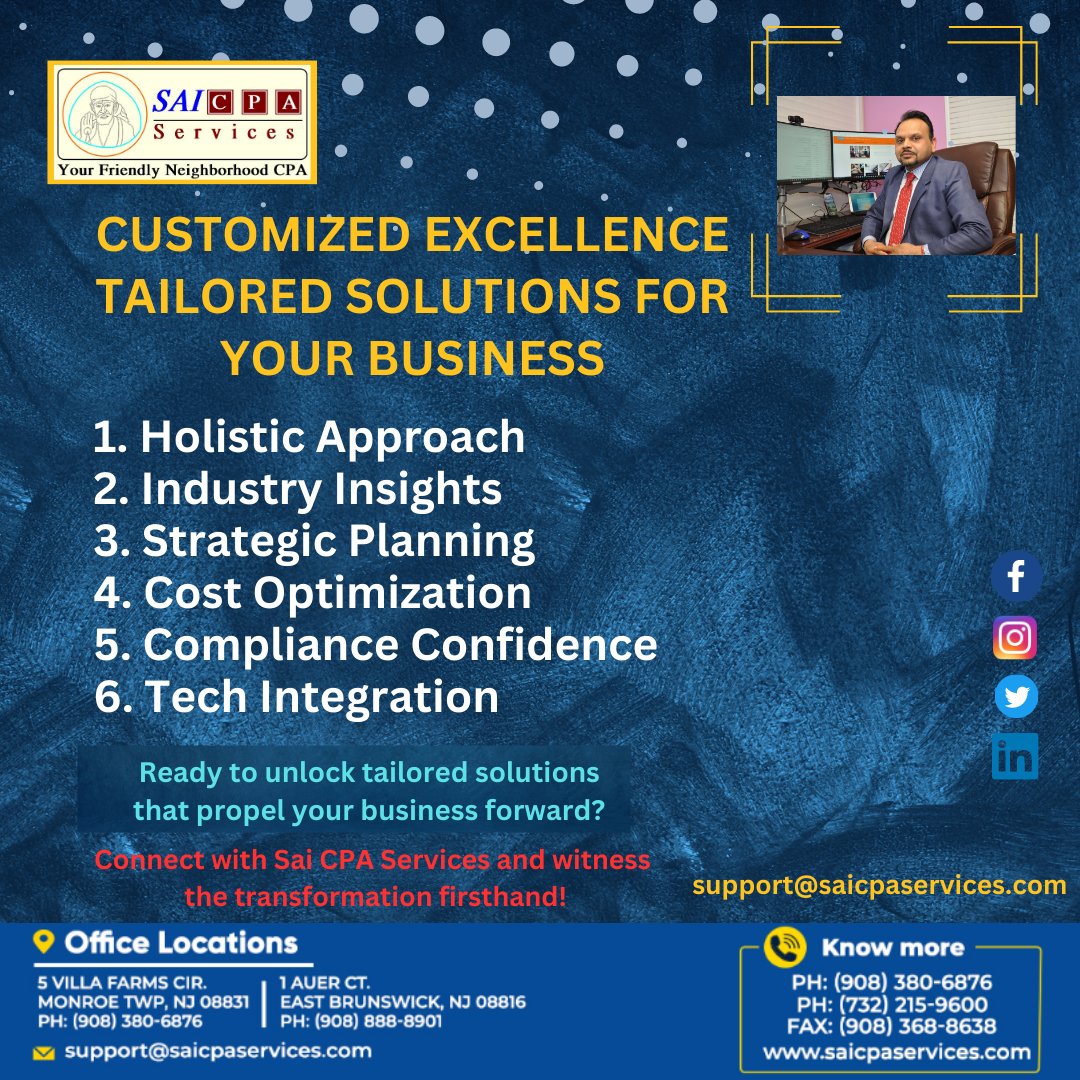 SaiCPA's tweet image. At Sai CPA Services, we believe in delivering more than just accounting solutions; we provide a pathway to financial excellence.
Contact Us: lnkd.in/d_N3D-Sh
lnkd.in/dKmUSsNw
lnkd.in/dNBzMfNt
(908) 380-6876
#TailoredSolutions #CustomizedExcellence #Business