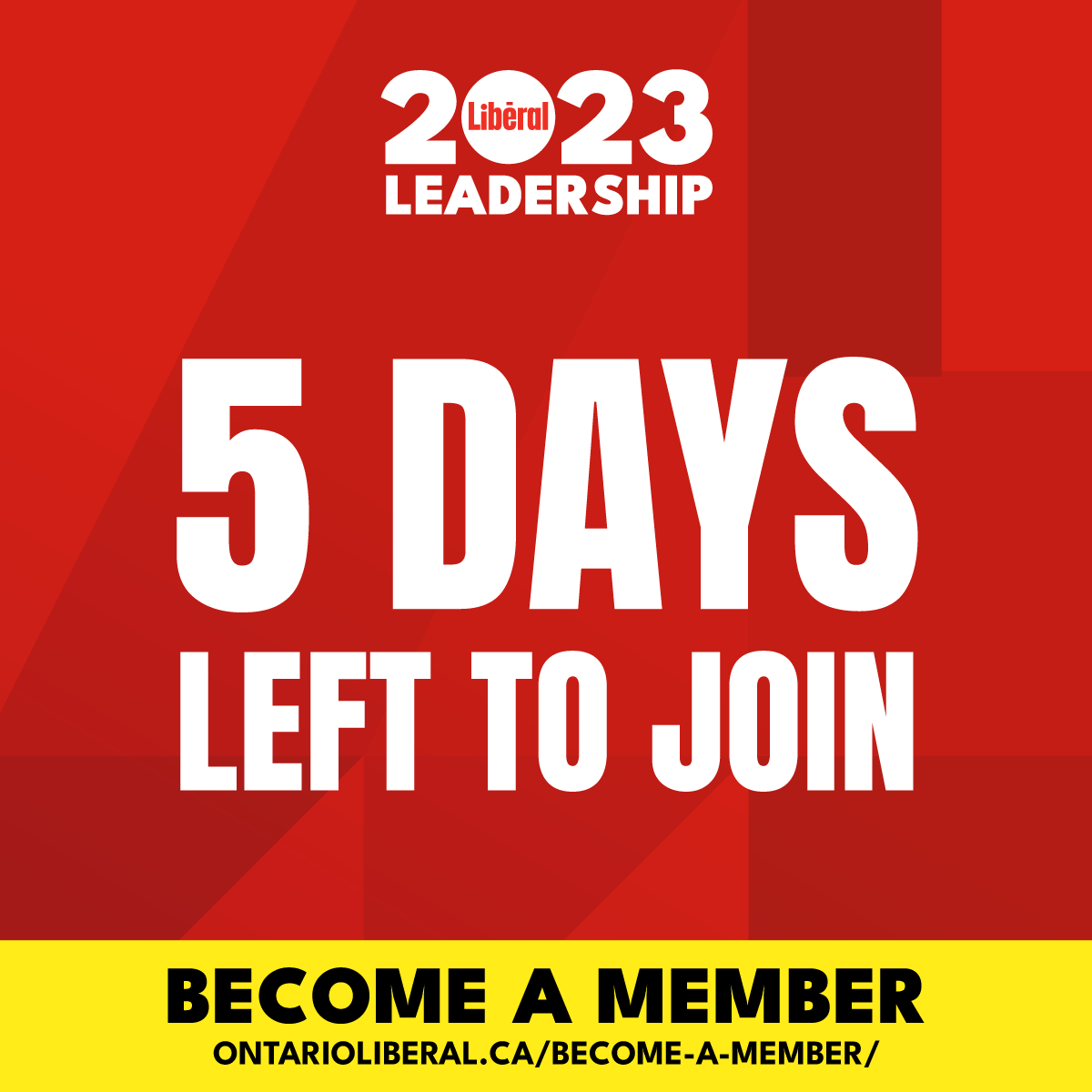 OntLiberal's tweet image. 🚨 The final date to join the Ontario Liberal Party, and be eligible to vote in the 2023 Leadership Election, is Monday, September 11, 2023, at 6:00 p.m. 

Join us as we work together to select Ontario’s next Premier.

REGISTER ➡️ ontarioliberal.ca/become-a-membe…