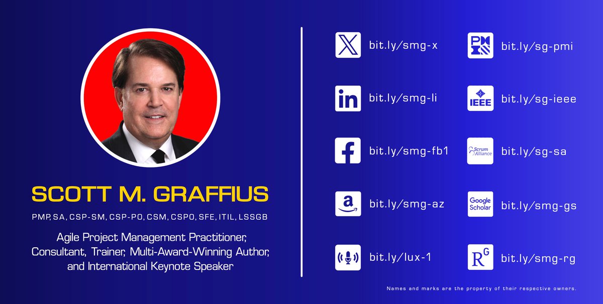 ScottGraffius's tweet image. I&apos;m grateful for my involvement with the #ProjectManagementInstitute (#PMI) @PMInstitute. I hold the #ProjectManagementProfessional (#PMP) credential, and I was a contributor to and reviewer of multiple global standards from the PMI: A Guide to the Project Management Body of…