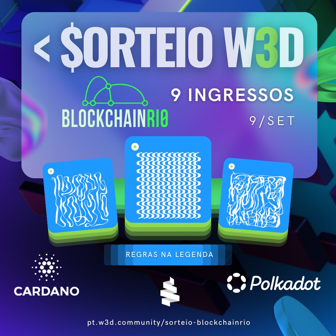 WEB3DEV Community (@web3dev_pt) on Twitter photo ⚒️ Nós da <a href="/web3dev_/">WEB3DEV</a> graças a uma parceria <a href="/polkadot_brasil/">Polkadot Brasil 🇧🇷</a> e os <a href="/cardanistas/">Cardanistas | CSPA | 🇧🇷 🇵🇹</a> estamos sorteando ingressos para o <a href="/blockchain_rio/">Blockchain.Rio</a> 1️⃣ Retweet esse post 2️⃣ Comente aqui marcando builders web3 3️⃣ Preencha o forms: pt.w3d.community/sorteio-blockc…
Sorteio em 09/09, no Discord da W3D. Garanta! ⚒️ Nós da <a href="/web3dev_/">WEB3DEV</a> graças a uma parceria <a href="/polkadot_brasil/">Polkadot Brasil 🇧🇷</a> e os <a href="/cardanistas/">Cardanistas | CSPA | 🇧🇷 🇵🇹</a> estamos sorteando ingressos para o <a href="/blockchain_rio/">Blockchain.Rio</a> 1️⃣ Retweet esse post 2️⃣ Comente aqui marcando builders web3 3️⃣ Preencha o forms: pt.w3d.community/sorteio-blockc…
Sorteio em 09/09, no Discord da W3D. Garanta!