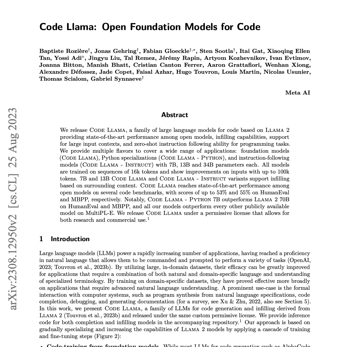 AIatMeta's tweet photo. As part of our continued belief in the value of an open approach to today's AI, we've published a research paper with more information on Code Llama training, evaluation results, safety and more.

Code Llama: Open Foundation Models for Code ➡️ https://t.co/u7iXXE08Bd https://t.co/EakdnT52M5