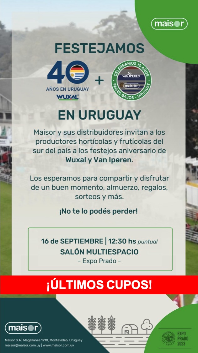¡Atención productores horticolas y frutícolas del sur! 👇🏼👇🏼

Festejamos los 40 años de #Wuxal y los 10 años de #VanIperen en Uruguay.

🇩🇪  🇳🇱  🇺🇾

Link: maisor.com.uy/inscripcion-pr…