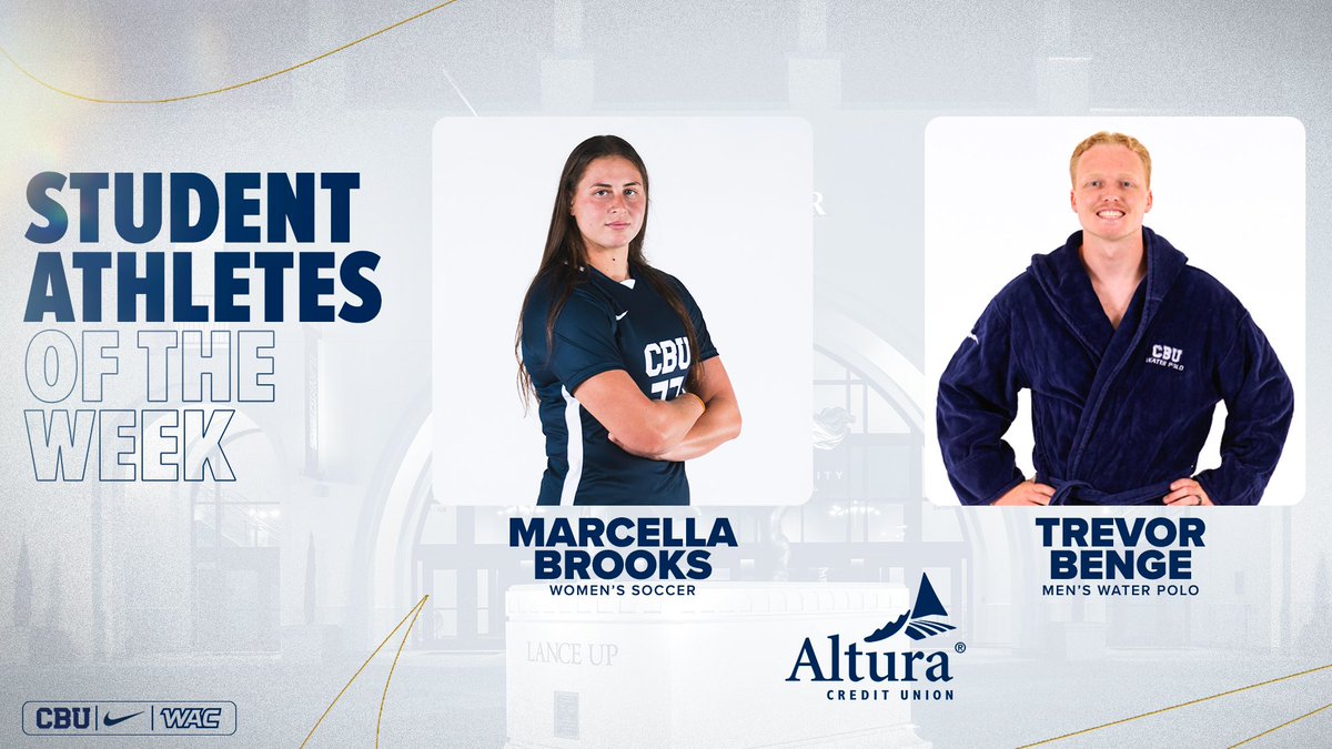 CBULancers's tweet photo. 🏆🏆🏆

Congratulations to @CBUwsoccer 's  Marcella Brooks and @lancersmwp 's Trevor Benge on being named the CBU @AlturaCU Student-Athletes of the Week.

#LanceUp⚔️ https://t.co/CXhGTo7JDw
