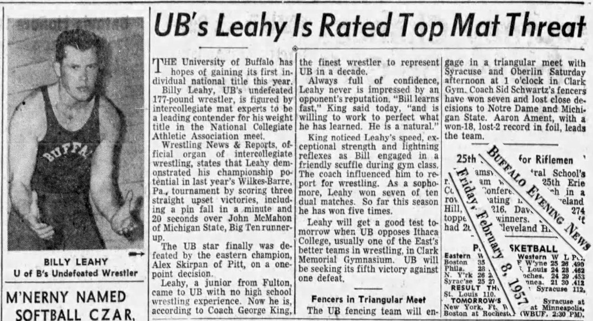 Feb 8, 1957 UB's Leahy Is Rated Top Mat Threat @UB_Wrestling @cnywrestling 

Leahy, a junior from #FultonNY, came to UB with no #HSWrestling experience. Now he is, according to Coach George King, the finest wrestler to represent UB in a decade. 

🔗armdrag.com/matburn?team=9…