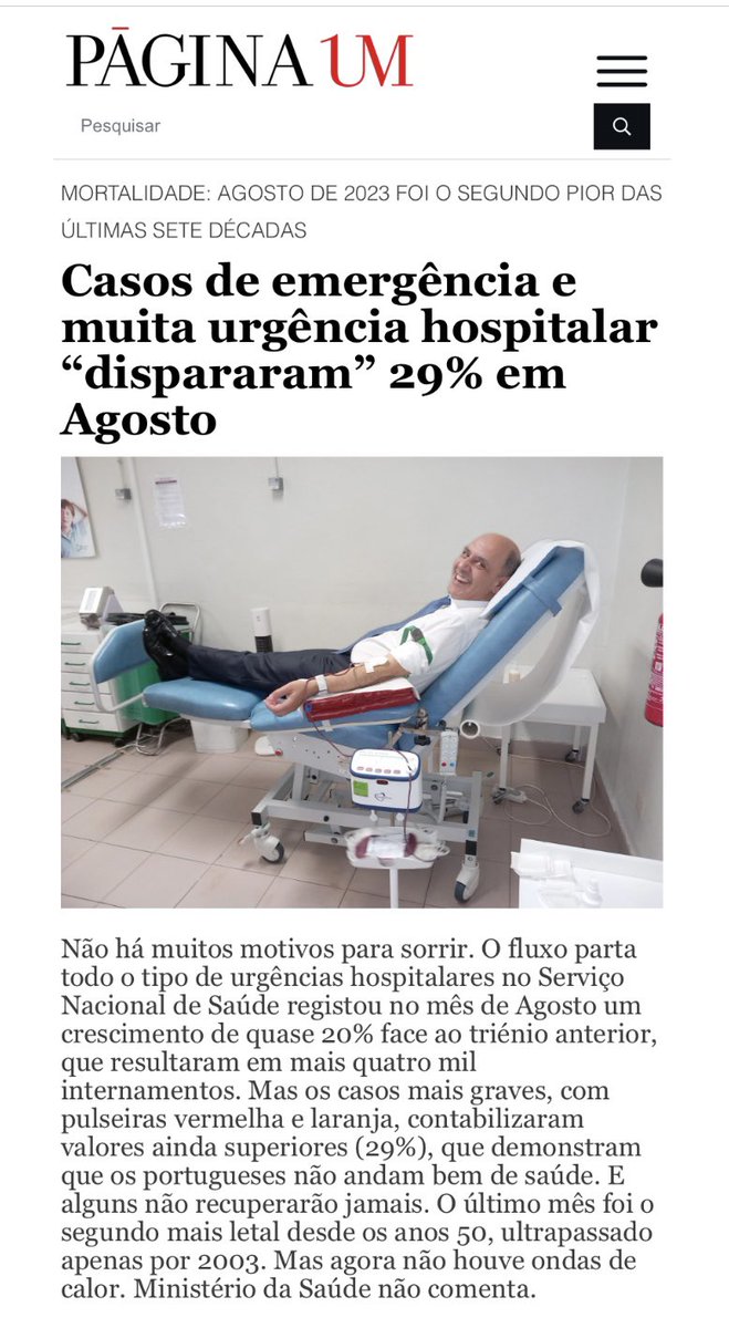 MORTALIDADE: AGOSTO DE 2023 FOI O SEGUNDO PIOR DAS ÚLTIMAS SETE DÉCADAS
Casos de emergência e muita urgência hospitalar “dispararam” 29% em Agosto

paginaum.pt/2023/09/06/cas…

Não há muitos motivos para sorrir. O fluxo parta todo o tipo de urgências hospitalares no Serviço Nacional