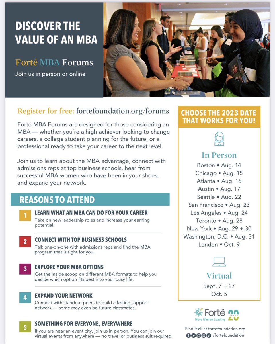 Tomorrow we are going virtual with Forte! There is time to register 🙋🏽‍♀️💁🏻‍♀️🙆‍♀️

Interested in an #MBA, but don’t know where to start? Forté MBA Forums have you covered!— all for free. Register now: bit.ly/23MBAForums #MoreWomenLeading