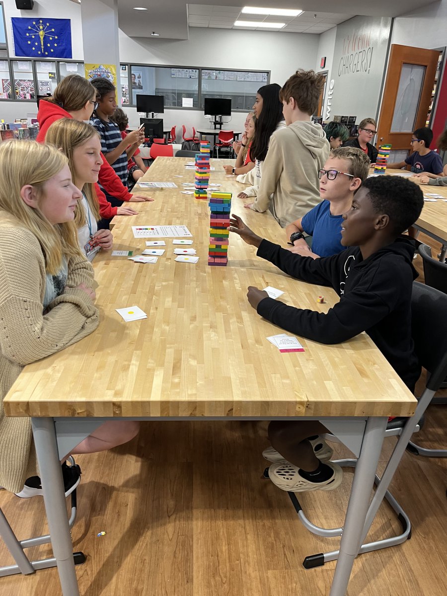 FJHLibrary's tweet photo. Library orientation Jenga is happening this week for our 7th graders. Students test their knowledge with questions about our library &amp; school &amp; then test their dexterity w Jenga. Lots of fun, smiles &amp; crashing  blocks!
@fjhchargers
#fjhlibrary #libraryjenga #libraryorientation https://t.co/tPs6XLwHsH