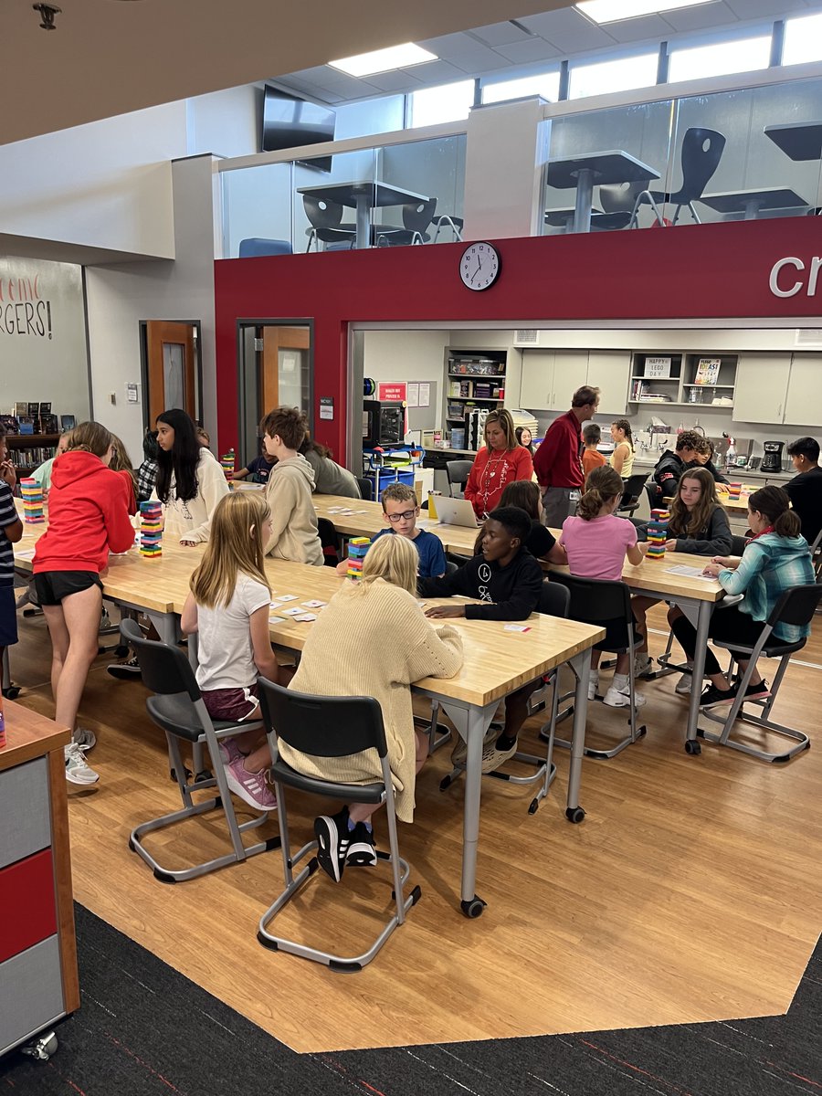 FJHLibrary's tweet photo. Library orientation Jenga is happening this week for our 7th graders. Students test their knowledge with questions about our library &amp; school &amp; then test their dexterity w Jenga. Lots of fun, smiles &amp; crashing  blocks!
@fjhchargers
#fjhlibrary #libraryjenga #libraryorientation https://t.co/tPs6XLwHsH