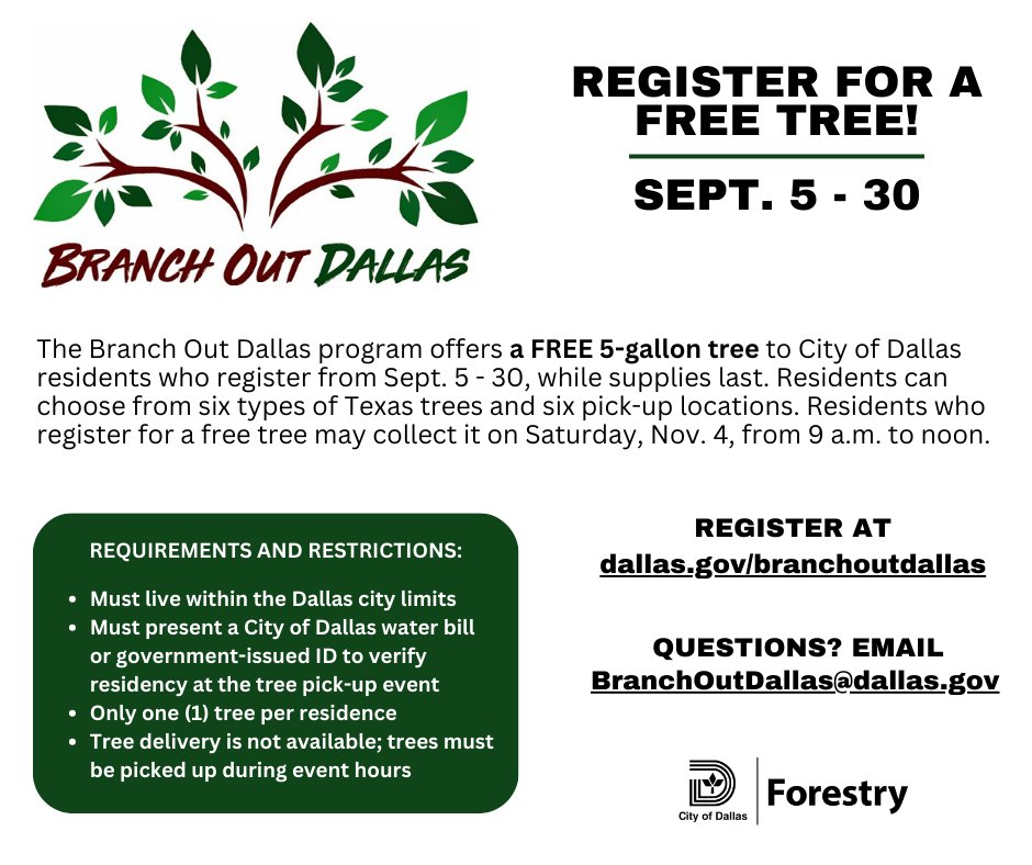 CityOfDallas's tweet photo. Dallas residents! 🌳 Register for the 5th annual Branch Out Dallas program now through September 30th. Each household can register to receive one 5-gallon tree. 

Discover eligibility and details  👉 https://t.co/4nSjUwzEDo.

#BranchOutDallas https://t.co/LLg2nBgAU7