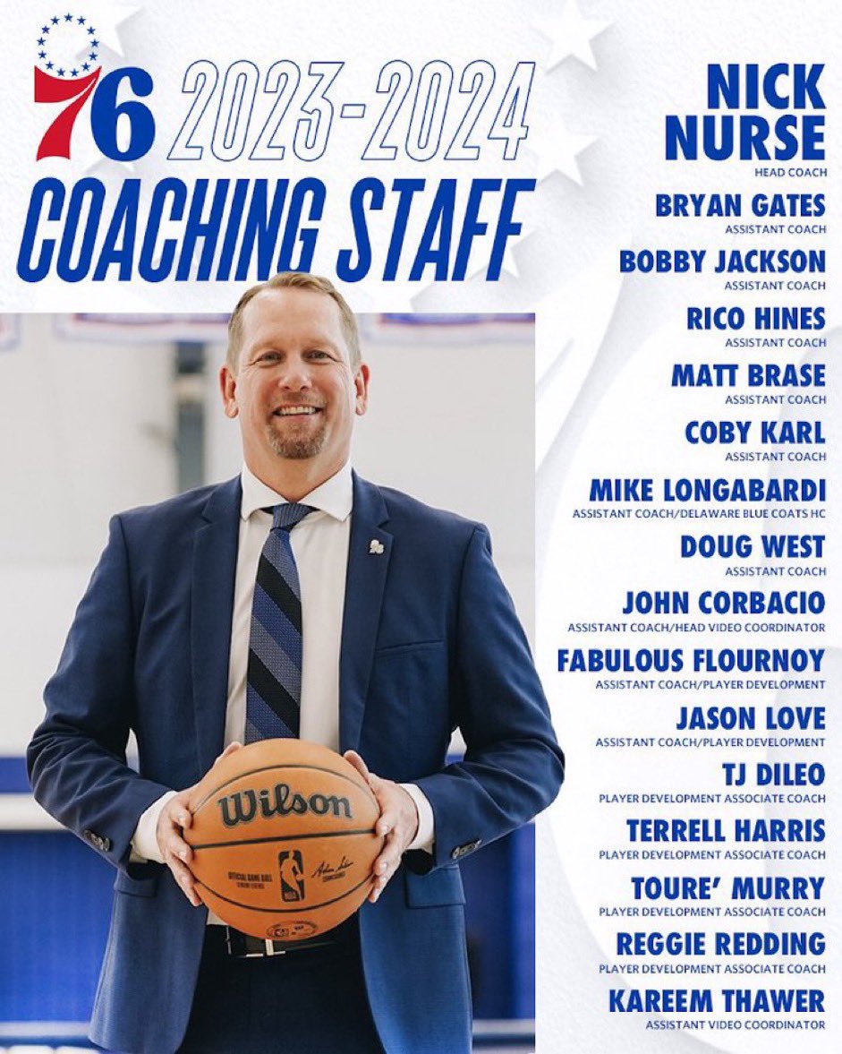 Sixers coaching breakdown: 

10! assistant coaches (2 for each starter obviously) 
4 associate coaches (graphics guy got tired of writing assistant) 
3 (three) porn stars: Jason Love, Fabulous Flournoy(!), TJ Dileo
1 Rico Hines, seems like a cool guy
0 Glenn Rivers (god bless)