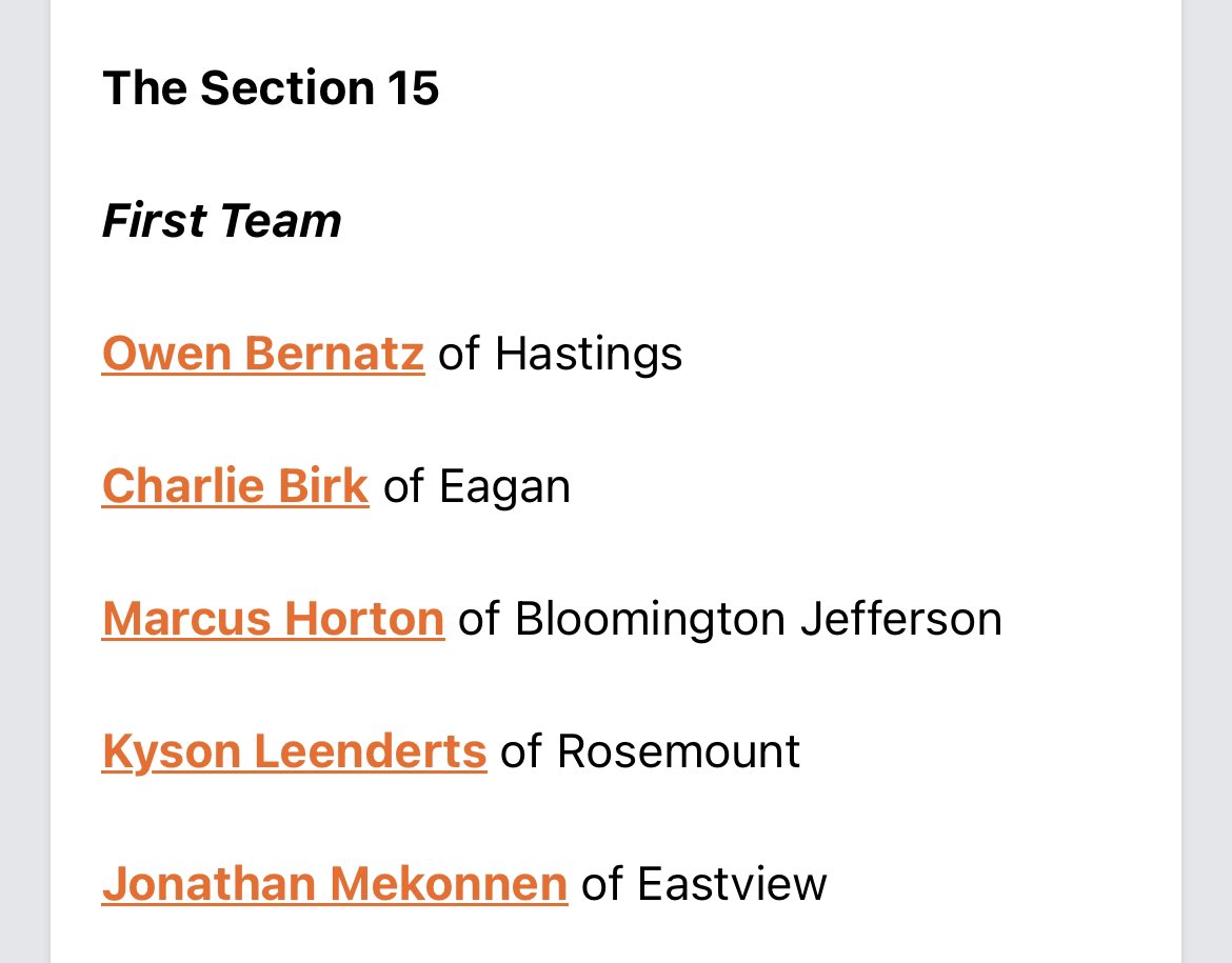 Thank you <a href="/RyanJamesMN/">Ryan James</a> for the 3AAAA All-Section First Team selection!
