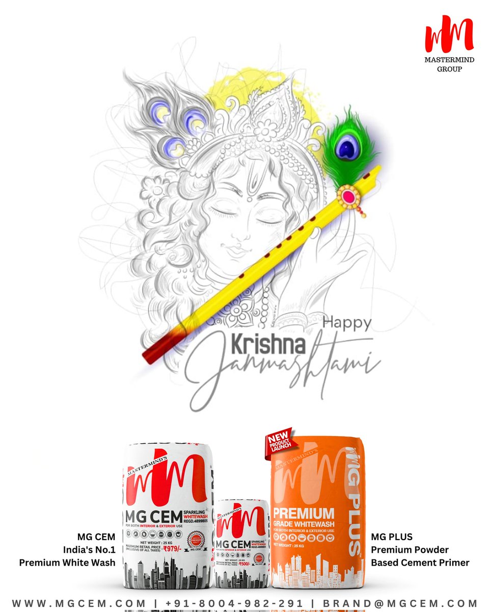MGCEMWHITEWASH's tweet photo. Celebrating the birth of Lord Krishna, whose wisdom, grace, and timeless values resonate with the essence of our brands MG CEM &amp; MG PLUS. Just as Krishna's flute melodies filled hearts, our Whitewash Products fill homes with harmony and beauty. https://t.co/rcefq4rhNJ