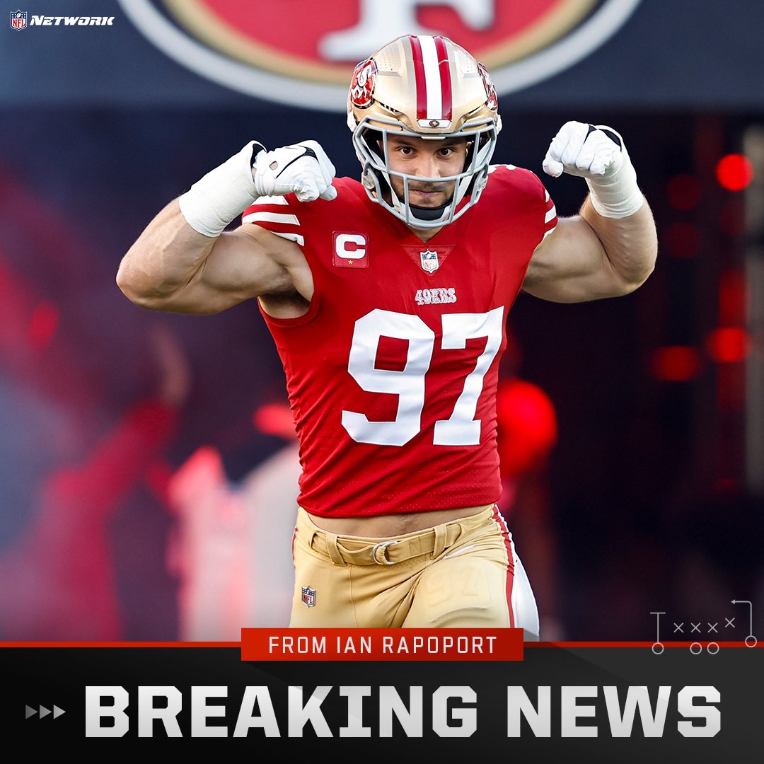 Sources: The #49ers and All-Pro edge Nick Bosa have agreed to terms on a massive new contract extension, with the reigning Defensive Player of the Year becoming the highest paid pass-rusher in the NFL. 

Bosa’s holdout is over, as he gets a 5-year, $170M deal.